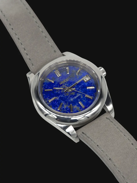 Montre Noco Watches en véritable lapis-lazuli bleu avec boîtier acier poli et bracelet en cuir